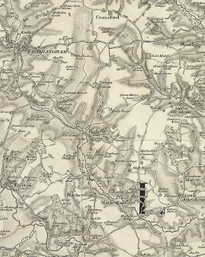 1839 old edition Ordnance Survey showing relief of area between Framlingham and the London Road